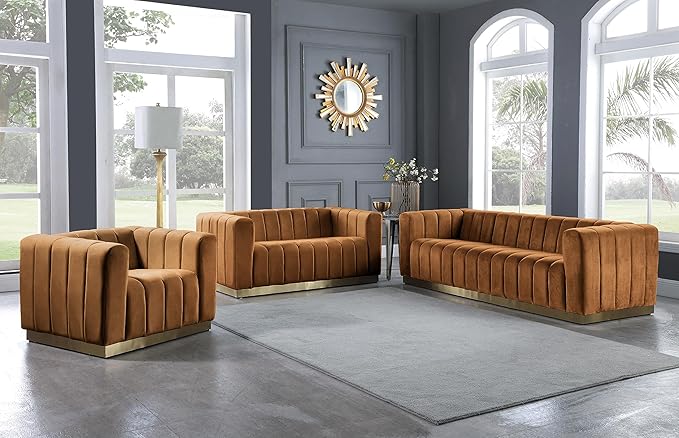 Meridian Furniture 603Saddle-L Marlon Collection Modern | Contemporary Velvet Upholstered Loveseat with Deep Channlel Tufting and Brushed Gold Finish, Saddle, 62.5" W x 34" D x 28" H