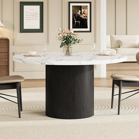 Round Kitchen Dining Table for 4-6 People, 47 inch Mid-Century Circle Dinner Tables, Rustic Wood Base in Fluted Design, Space Saving Dining Room Furniture, Large Table Only for Family Party, Marble