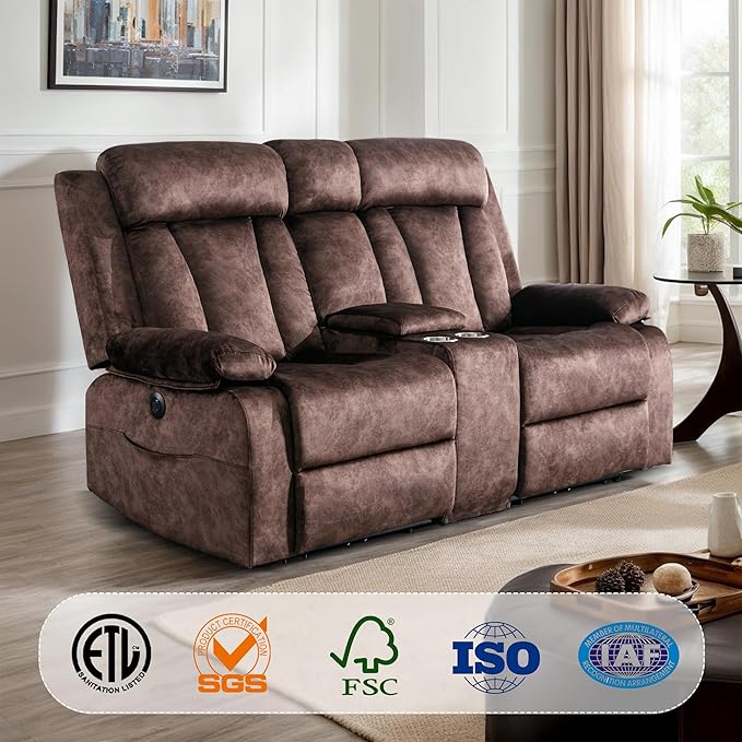 Power Reclining Loveseat with Heat & Massage, Dual Recliner Sofa with Console, Cup Holders, USB & Type-C Ports, 2 Seater Electric Reclining Couch for Living Room, RV (Brown, 2 Seat)