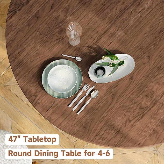 Round Kitchen Dining Table for 4-6 People, 47 inch Mid-Century Circle Dinner Tables, Rustic Wood Base in Fluted Design, Space Saving Dining Room Furniture, Large Table Only for Family Party, Walnut