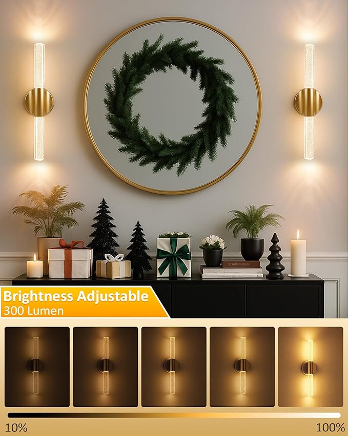 Peel and Stick on Wall Sconce set of 2, No Drill Gold Wireless Magnetic Battery Operated Wall Lights with Remote & Touch Control, Dimmable Cordless Wall Lamps for Bedroom Living Room Bathroom Decor