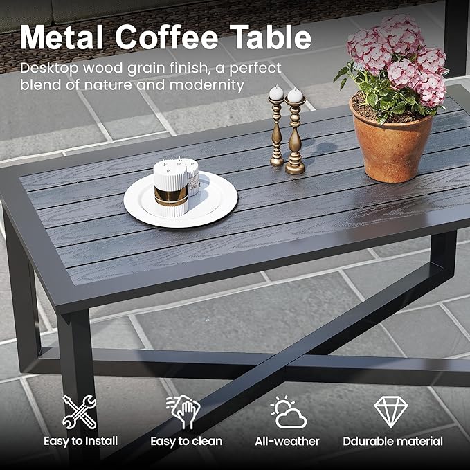 SUNVIVI OUTDOOR Patio Sofa with Coffee Table, All Weather Rattan Outdoor Patio Couch with Removable Cushions, Metal Outdoor Sofa Set for Garden Porch Balcony Backyard, Beige