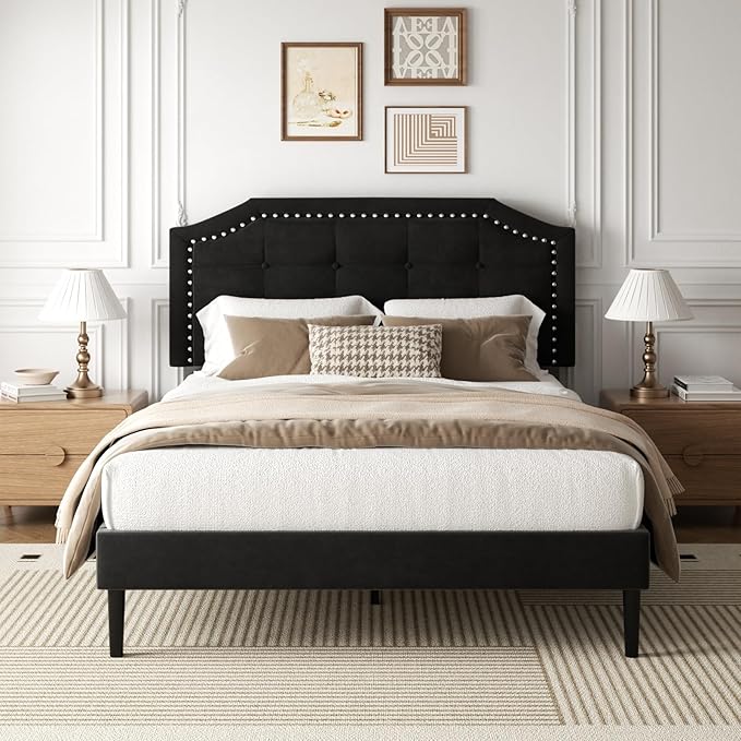 Full Size Bed Frame, Full Size Platform Bed Frame with Upholstered Button Tufted Headboard, Strong Wood Slats, No Box Spring Needed, Mattress Foundation, Easy Assembly Black