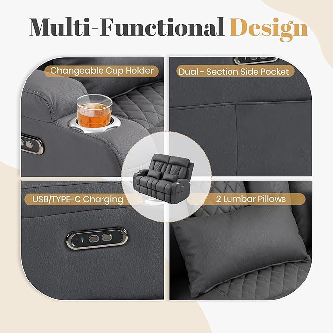 2-Piece Power Reclining Sofa Set, 3-Seater Sofa with Drop-Down Console & 2-Seater Loveseat, Zero Wall Hugger Electric Recliner Couch with Adjustable Headrest, AC Outlets (Gray, Loveseat)