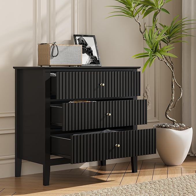 Large Black Fluted 3-Section, Modern 30 Inch Tall Wood Side Unit with Ball Bearing Slides, Wide Accent Furniture with Spacious Compartments for Living Room Entryway