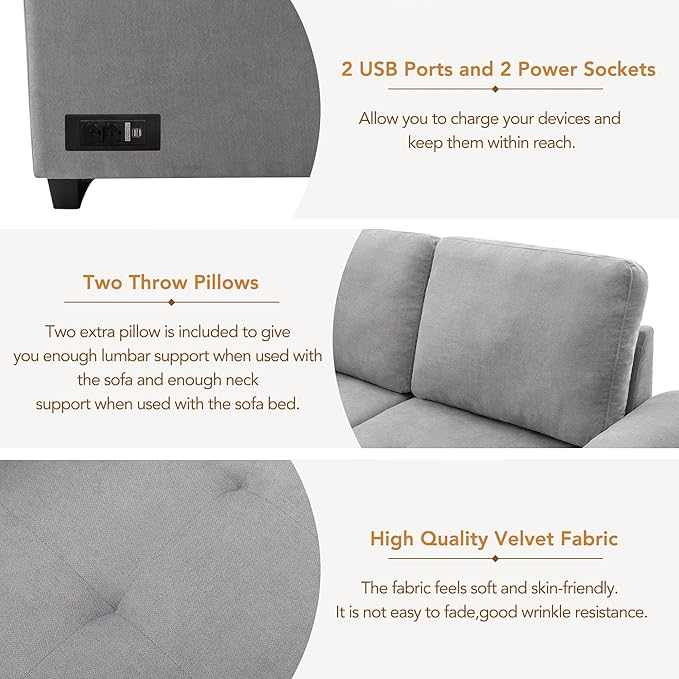 Merax Sofa Bed Sleeper Couch L Shaped Sofa with Storage Ottoman, L-Shape Sectional Couch with Comfortable backrest for Living Room and Small Apartment (Gray)