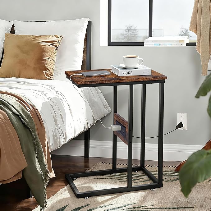 VECELO C-Shaped End Side Table with Charging Station & 2 USB Ports and Outlets for Living Room, Bedroom, with Adjustable Feet for Couch Sofa, Bedside, Small Spaces， Brown