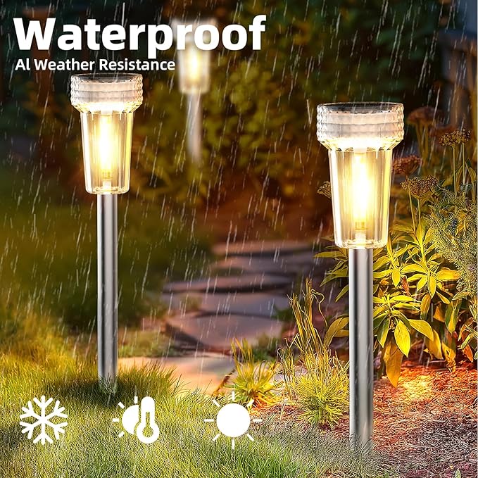 DERAYSION 12 Pack Solar Pathway Lights Outdoor, Auto Dusk-to-Dawn Landscape Garden Lighting, Waterproof Stainless Steel Pole Lighting for Path, Yard, Walkway, Garden, Driveway Decor - Warm White