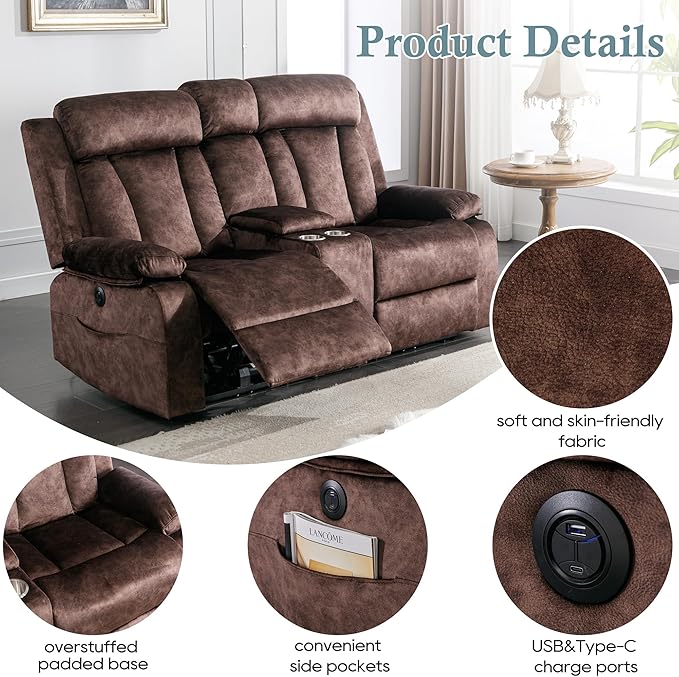 GUEAPY Reclining Loveseat-Power Reclining Loveseat with Console,Double Recliner Loveseat with Heat and Massage,Electric Loveseat Recliner with Cup Holders,USB & Type-C Charge Ports for Living Room,RV