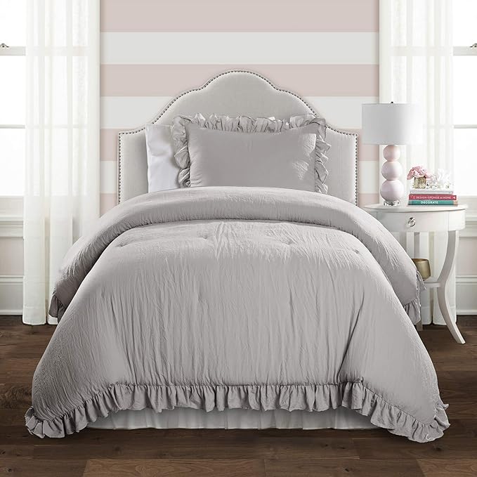 Lush Decor Reyna Ruffle Comforter Set, Twin XL, Light Grey, 2 Piece Cozy Bedding Set