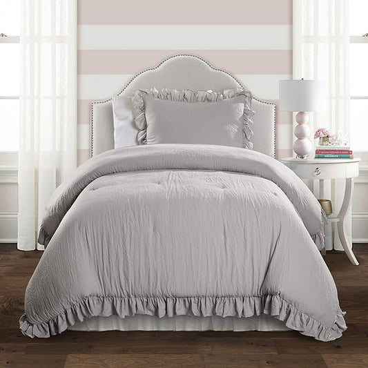 Lush Decor Reyna Ruffle Comforter Set, Twin XL, Light Grey, 2 Piece Cozy Bedding Set