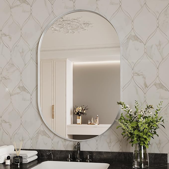 Suidia 26" x 38" Bathroom Mirror, Bathroom Vanity Mirror Metal Framed, Wall-Mounted Mirrors for Bedroom, Living Room, Entryway, Hallway, Silver, Oval Style