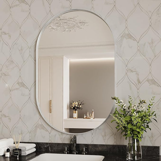 Suidia 26" x 38" Bathroom Mirror, Bathroom Vanity Mirror Metal Framed, Wall-Mounted Mirrors for Bedroom, Living Room, Entryway, Hallway, Silver, Oval Style