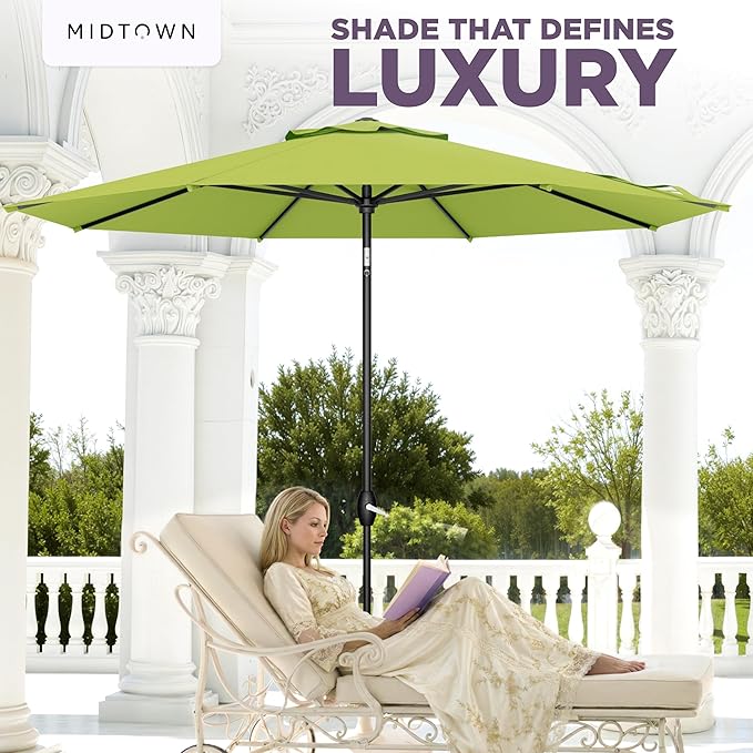 Midtown Umbrellas - The Lean 10 Ft Patio Umbrella with Fade-Resistant Sunbrella Fabric, Auto-Tilt Aluminum Frame and 8 Reinforced Ribs for Deck, Pool & Garden - Macaw Canopy, Black Pole