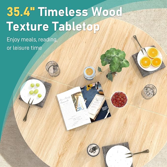 Karl home 35.4in Small Dining Table, Round Dining Table with Wood Finish Steel Legs, Circle Dinner Tables for Small Space, Apartment, Office, Kitchen, for 2 to 4 Person-Natural