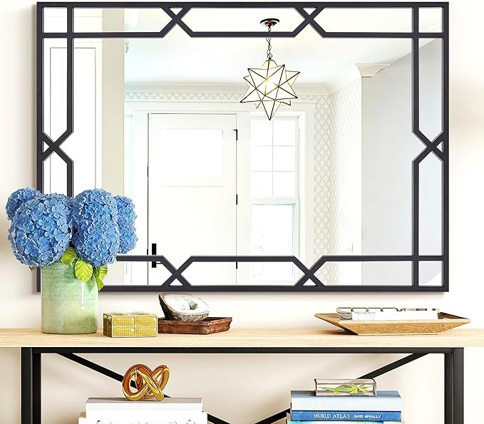 Chende Large Living Room Mirror for Decor, 28" x 40" Rectangle Bathroom Mirror with Matte Black Metal Pipe Frame, Modern Wall Decorative Mirror for Hallway, Dining Room, Bedroom