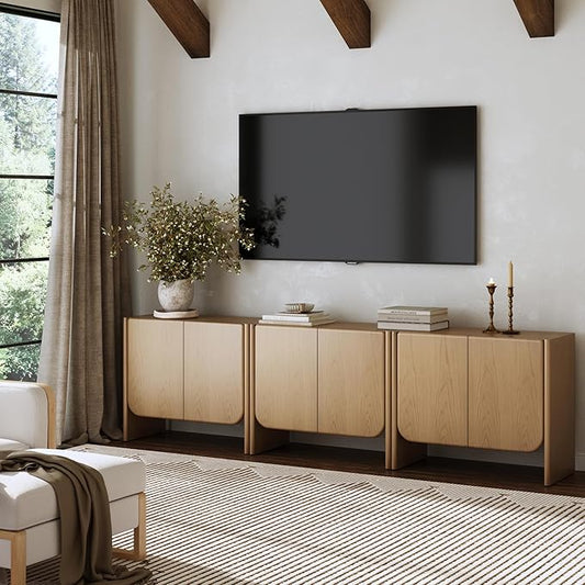 Nathan James Jacala Mid Century Modern Media Console Cabinet or TV Stand, Entryway Storage Cabinet with Doors and Wood Frame, Raw Oak, Set of 3