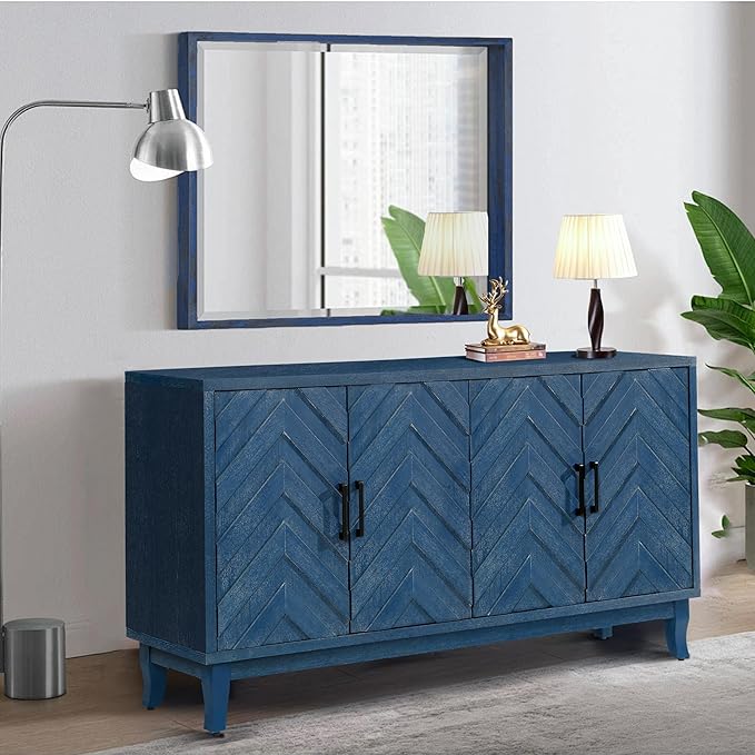 60" Accent Sideboard with Adjustable Shelf,Modern Farmhouse Accent Cabinet W/Solid Wood Legs,Console Credenza Buffet Table,for Kitchen Dining Room Entryway Hallway,Antique Navy Blue