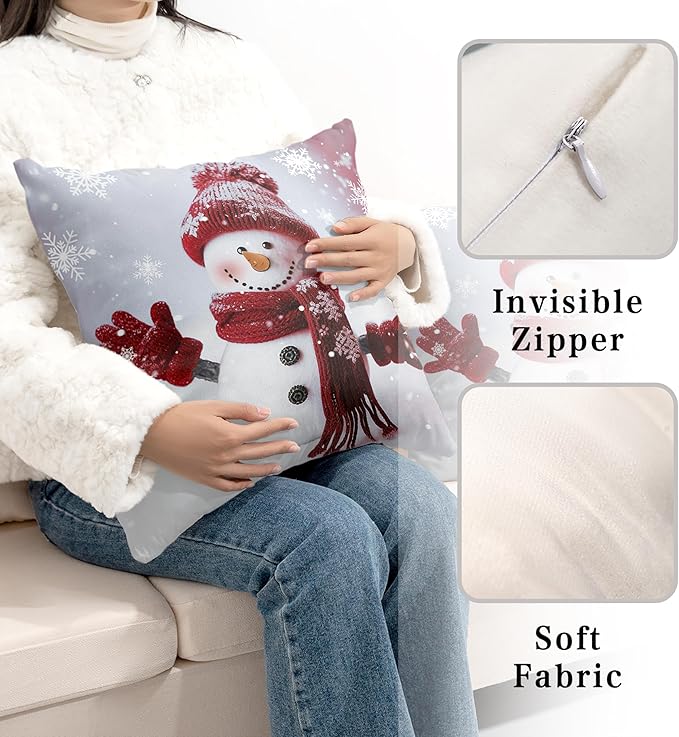 Christmas Winter Holiday Throw Pillow Covers Snowman Pillow Covers 18X18 Set of 2 Red Snowman with Snowflake Cushion Case for Couch Living Room Bedroom Sofa