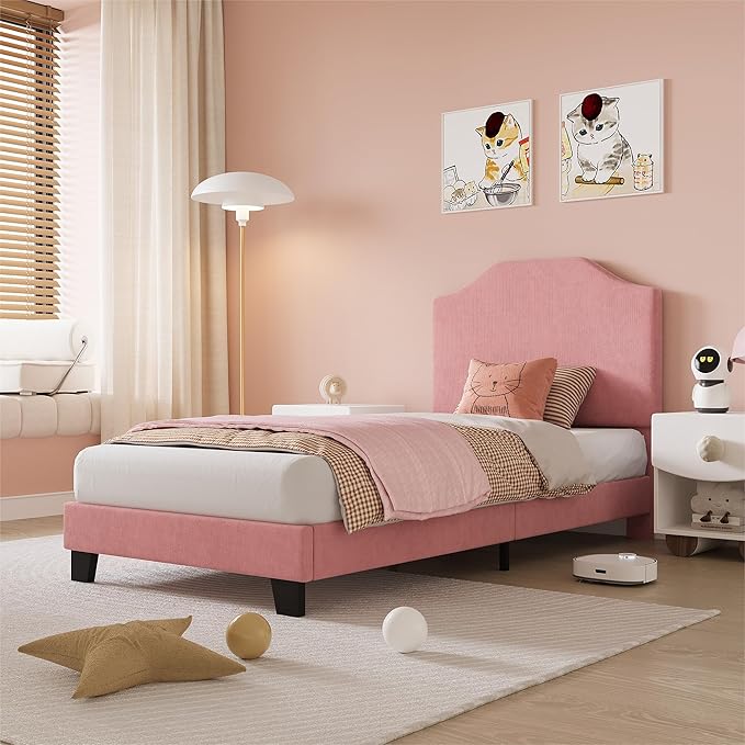 Twin Size Velvet Bed Frame, Corduroy Upholstered Twin Bed Frames Platform with Adjustable Headboard, Cute Velvet Twin Bed, Strong Wooden Slats, No Box Spring Needed, Noise Free, Easy Assembly, Pink