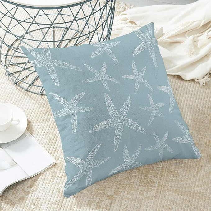 BETGINY Coastal Seafoam Blue Starfish Throw Pillow Cover 20 x 20 Inch Pack of 2,Summer Nautical Ocean Decorative Pillow Covers Square Linen Beach Pillow Cases Cushion for Bedroom Home Sofa Decor