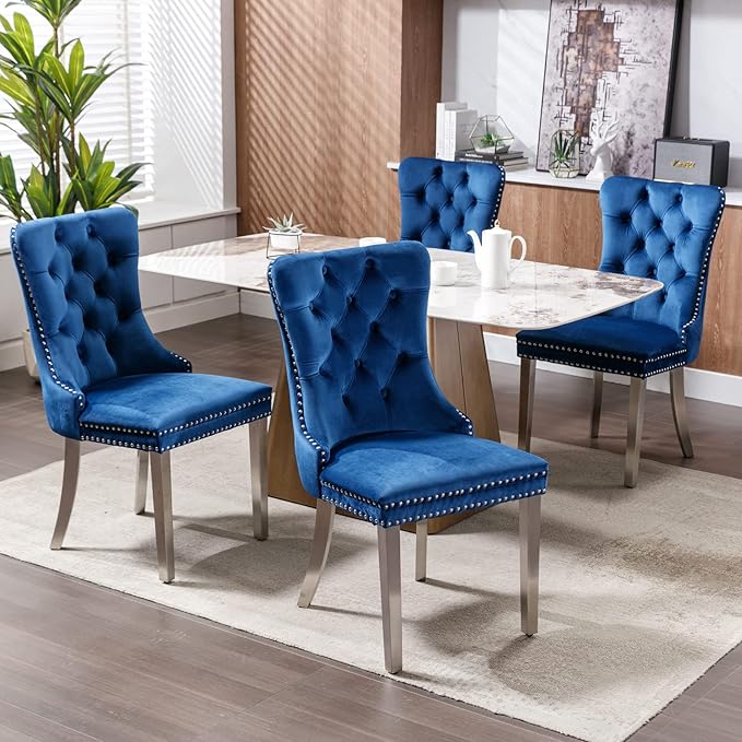 Solid Wood Dining Chair with Nailhead Trim,Velvet Upholstered W/Chrome Stainless Steel Plating Legs,Set of 2,for Living Room,Apartemnt,Blue and Chrome