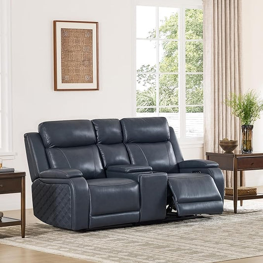 Watson & Whitely Genuine Leather Power Loveseat Recliner Sofa, Zero Gravity Reclining Sofa with Console, Power Headrest & Wireless Charging, Cup Holder, 2-Seater Recliner for Living Room, Navy Blue