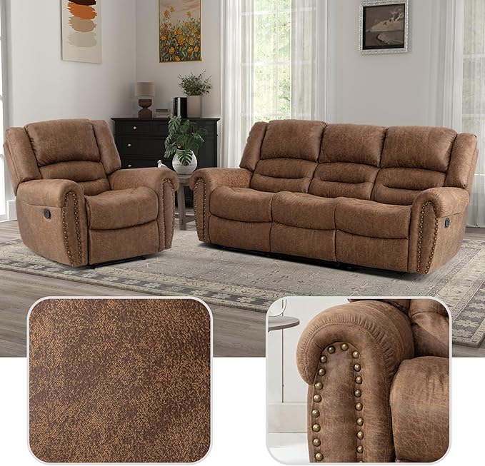 EBELLO Manual Recliner Sofa Set, Faux Leather Fabric Reclining Living Room Set, Included Single Recliner Chair and 3 Seat Manual Sofa, Brown