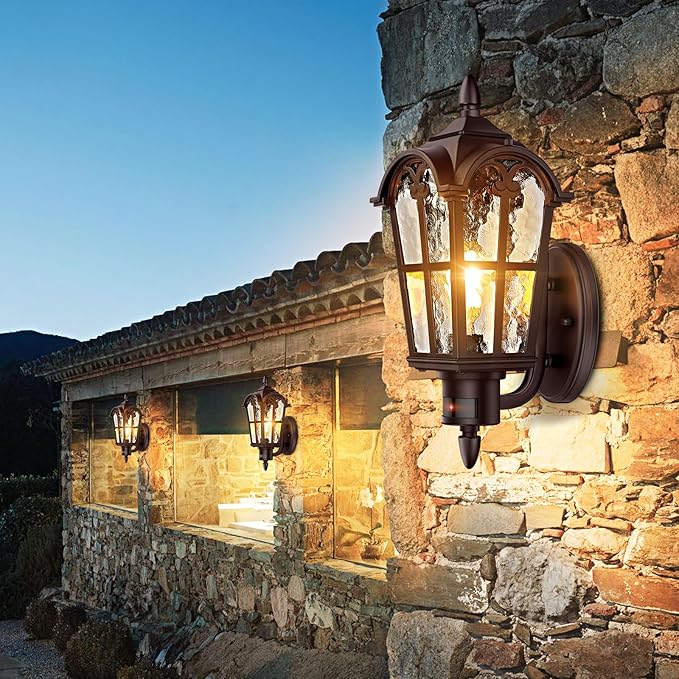 16in 2-Pack Large Motion Sensor Outdoor Wall Lights, Dusk to Dawn Porch Lights Wall Mount, Vintage Exterior Light Fixtures Sconces Lighting, Brown Wall Lanterns Outside Lights for House Front Door