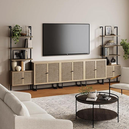 Nathan James Kova Boho Rattan Entertainment Center with Bookshelves and Storage Cabinet, Bookcase TV Stand Wall Unit, Fits TVs Up to 75 in. in Light Oak Finish