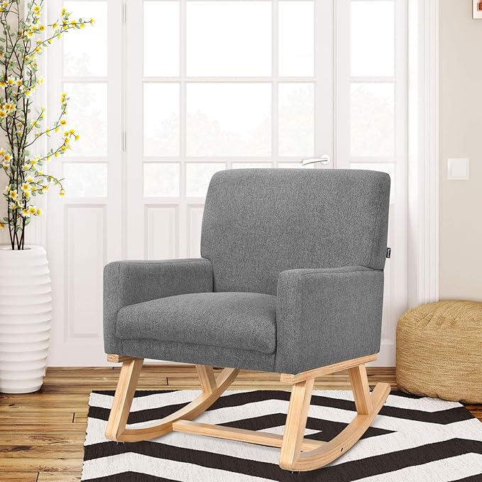 Giantex Upholstered Rocking Chair with Fabric Padded Seat and Solid Wood Base, Comfortable Rocker for Living Room, Bedroom, Study Room, Office Rocking Armchair (Gray)