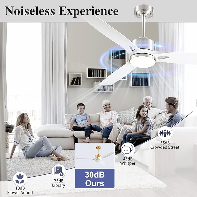 52 Inch Ceiling Fans with Lights and Remote Control - Outdoor Indoor Flush Mount Low Profile Silver White Ceiling Fans for Living Room,Bedroom,Patio