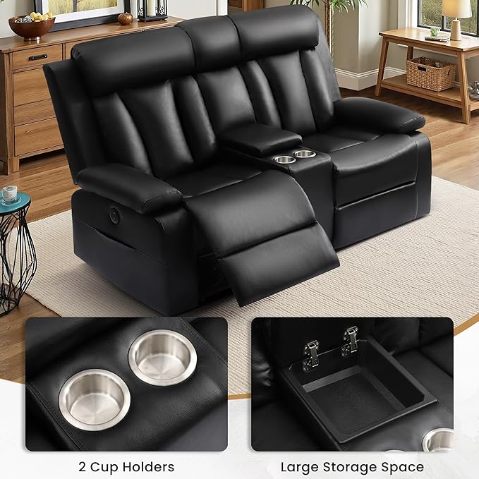 Power Reclining Loveseat with Console and Cup Holders,Leather Electric Recliner Sofa with USB & Type-C Ports, Storage Armrest and Lumbar Pillow,Wall Hugger Couch for Living Room RV (Black, 2 Seats)