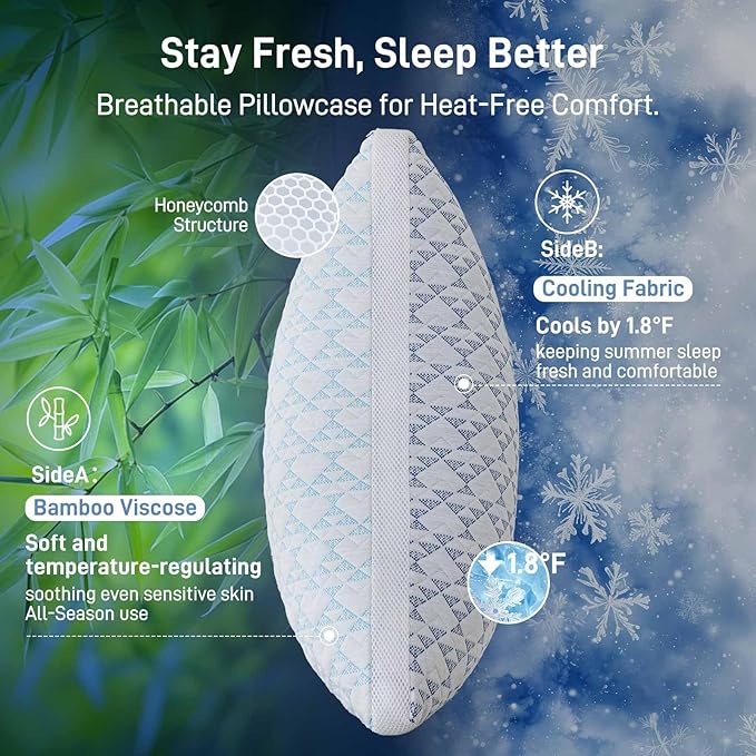 Lyralith Shredded Memory Foam Cooling Soft Bamboo Viscose Pillows Queen Size Set of 2, Adjustable Hypoallergenic Hotel Quality Bed Pillows for Back, Stomach and Side Sleeper, Oeko-TEX Certified
