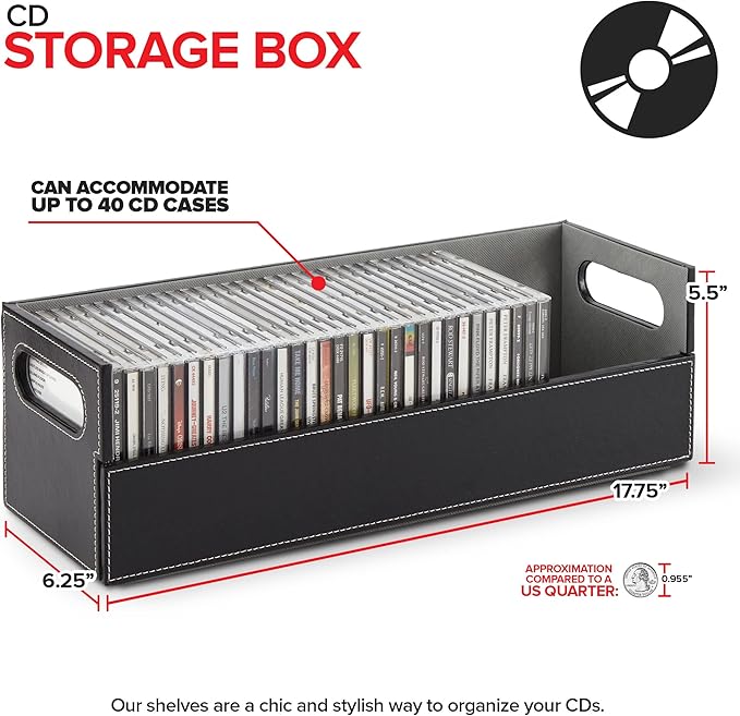 Stock Your Home CD Storage Box, Organizer Shelf for Movie Cases, DVDs, Cassette Tape Display Stand, Disc Holder Can Store Up to 40 CDs, Faux Leather (Black)
