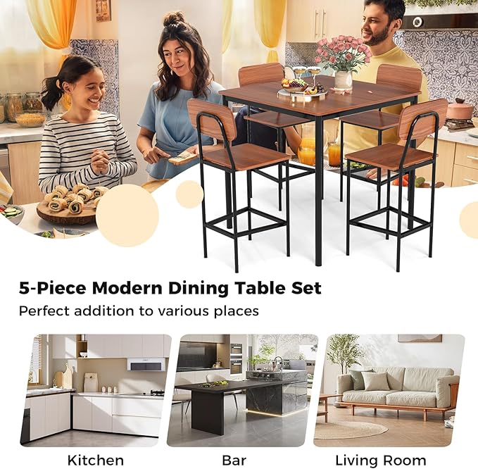 GOFLAME 5-Piece Dining Table Set for Small Space, Kitchen Table and Chairs Set for 4 with Steel Frame, Square Breakfast Table Set, Industrial Counter Height Table Set for Home Restaurant, Walnut