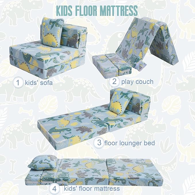 MeMoreCool Glow Dinosaur Tri-fold Sofa Bed for Kids, Foldable Futon Mattress and Chair, Convertible Floor Couch for Playroom
