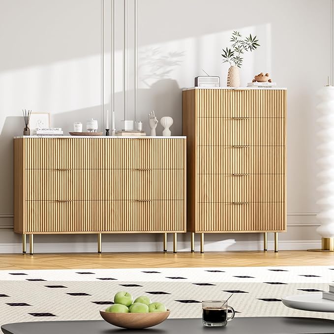 GAOMON 6 Drawer Dresser for Bedroom Chest of Drawers, 47" Wide Fluted Dresser with Drawers, Modern Wooden Double Dressers with Metal Handles for Living Room, Hallway