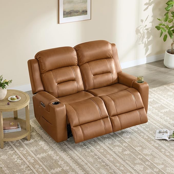 Watson & Whitely Genuine Leather Power Loveseat Recliner Sofa, Lay Flat Loveseat Reclining Sofa with Power Headrest, Cup Holders, USB & Type-C Ports, Dual Recliners for Living Room, Saddle Brown