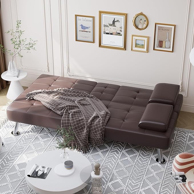 Shahoo Convertible Folding Futon Sofa Bed Sleeper Couch for Living Room Faux Leather Upholstered Loveseat w/Removable Armrests, Metal Legs, 2 Cup Holders, Brown