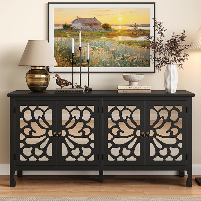 63" Carved Buffet Cabinet with Mirrored Door, Modern Console Cabinet with Storage and Adjustable Shelves, Wood Media Cabinet for Entryway, Living Room, Bedroom, Dining Room, Bathroom (Black)