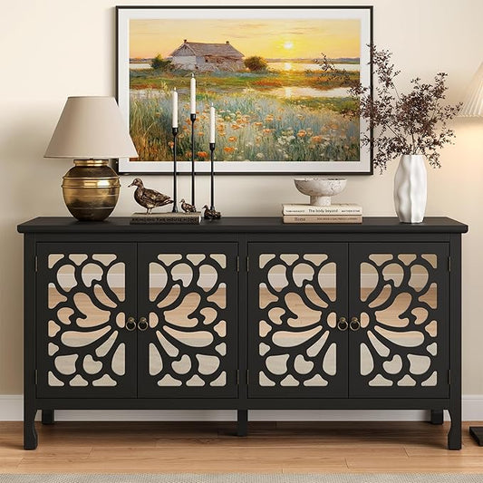63" Carved Buffet Cabinet with Mirrored Door, Modern Console Cabinet with Storage and Adjustable Shelves, Wood Media Cabinet for Entryway, Living Room, Bedroom, Dining Room, Bathroom (Black)