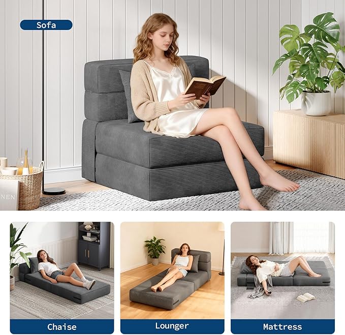 Garvee 2 Pcs Folding Sofa Bed Chair, Convertible Couches with Foldable Design, Comfortable Cloud Couch for Living Room, Multi-Functional Sectional As Comfy Couch & Bed