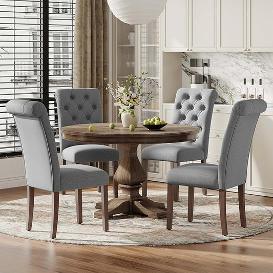 Upholstered Tufted Dining Room Chairs Set of 4, Parsons Kitchen Chairs with Padded Seat and Solid Wood Legs, Fabric Accent Side Diner Chair for Dining Room/Kitchen/Living Room, Grey