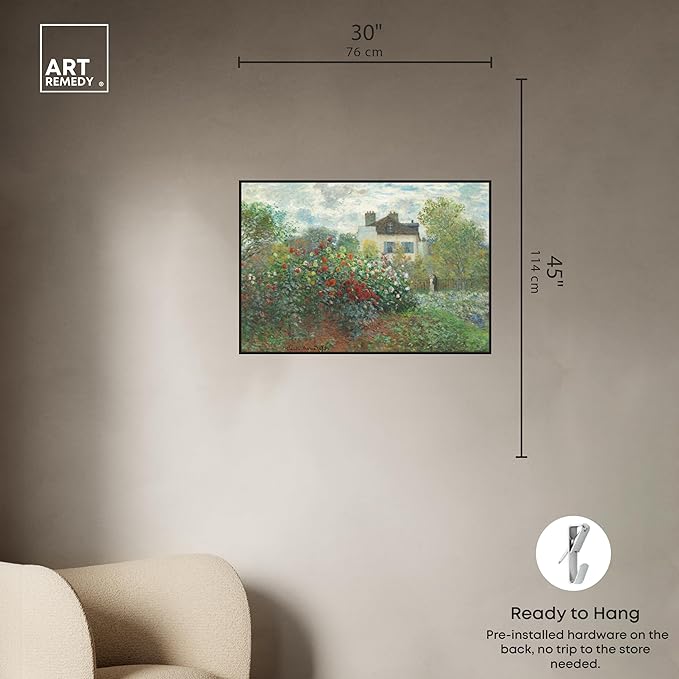 Art Remedy Monet-Garden With Dahlias Impressionism Classic Landscape Paintings Canvas Wall Art, Black Floater Frame, 30"x45"