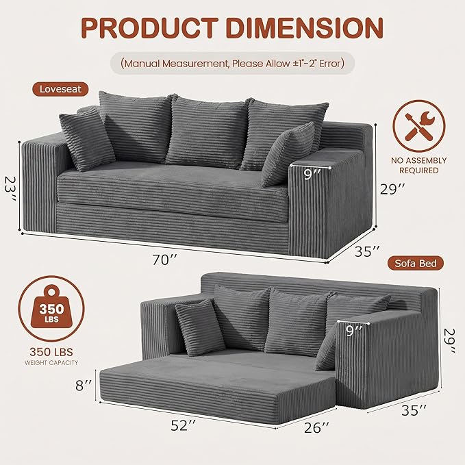 Convertible Sofa Bed, 5 in 1 Small Boneless Couch Pull Out Loveseat Sleeper Sofa,Corduroy Futon Couch Folding Mattress with 4 Pillows for Living Room (Gray, 3 Seater)