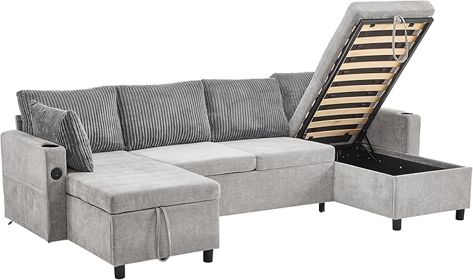 ERYE 113-Inch U-Shaped Pull Out Sleeper Couch Bed, Modern U Shaped Symmetrical Sleeper Sectional Sofa Convertible Sofa Bed with Storage Chaises & USB-C Ports for Living Room