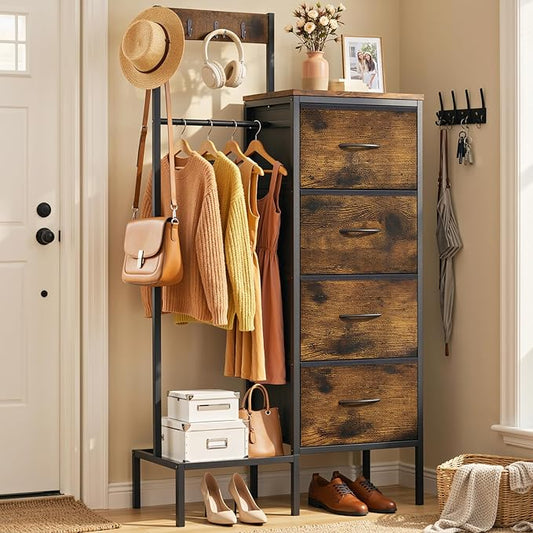 Lewondr Dresser with Hanging Rack and Storage Drawers, 4 Drawer Chest with Hooks and Hat Rack, Rustic Entryway Organizer for Clothes, Bags, Shoes and Accessories, Brown Wood Finish