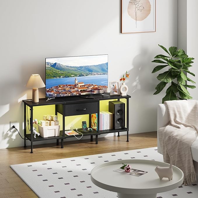 GYIIYUO LED TV Stand with Power Outlet and Fabric Drawer for 55 50 45 Inches TV - Entertainment Center and Industrial TV Console Table for Living Room, Bedroom- 47" Black