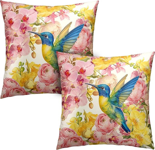 Spring Pillow Covers 16x16 Set of 2 Pink Yellow Moth Orchid Buttercup Floral Pillow Case Hummingbird Throw Pillow Covers for Home Decor Couch Sofa